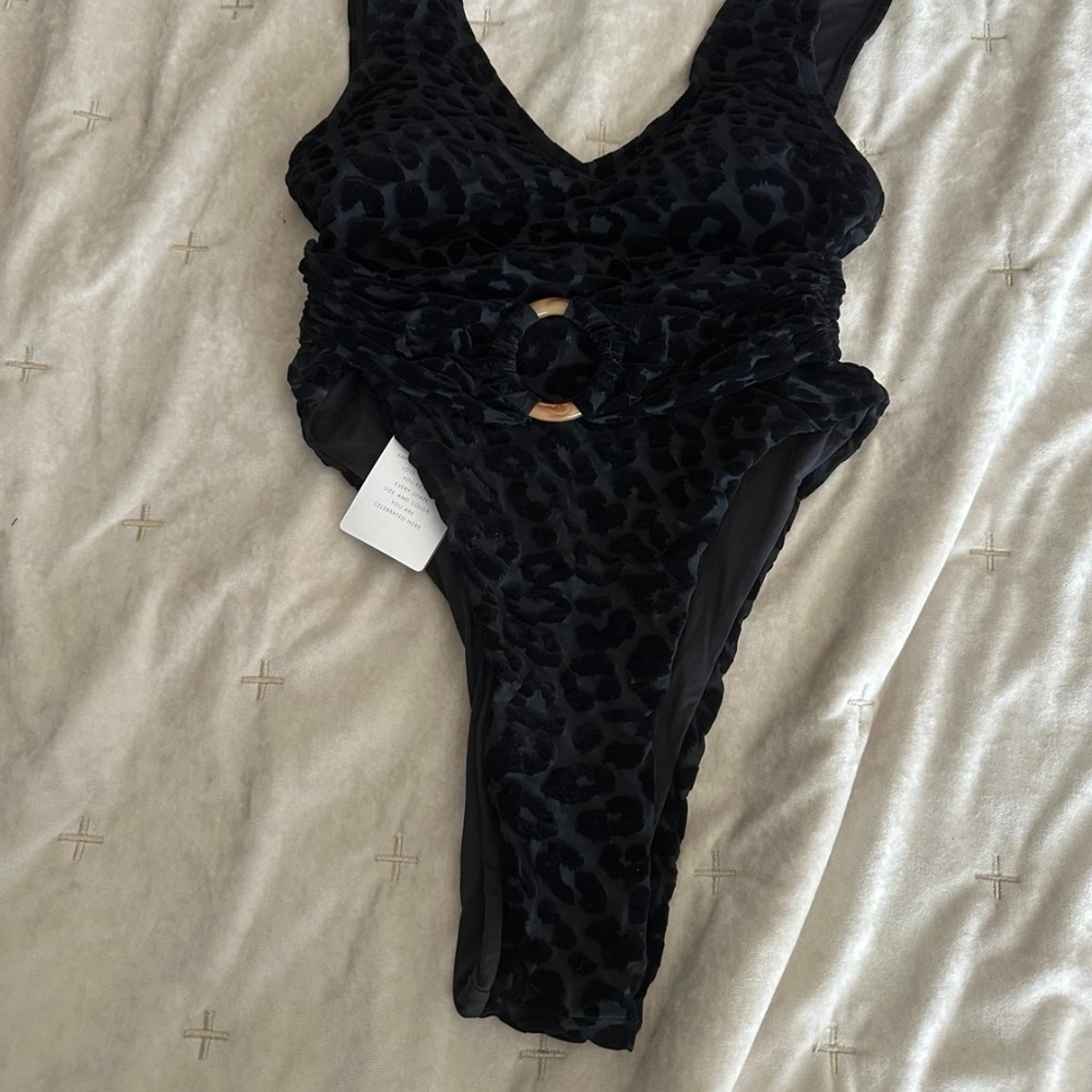NWT Toluca Swim Black Velvet Leopard One-Piece Swimsuit Size S High Leg Cheeky